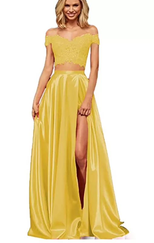 Off-the-Shoulder Two Piece Prom Dress With Slit Appliques