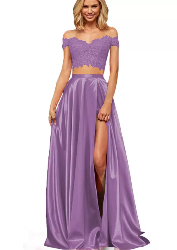 Off-the-Shoulder Two Piece Prom Dress With Slit Appliques