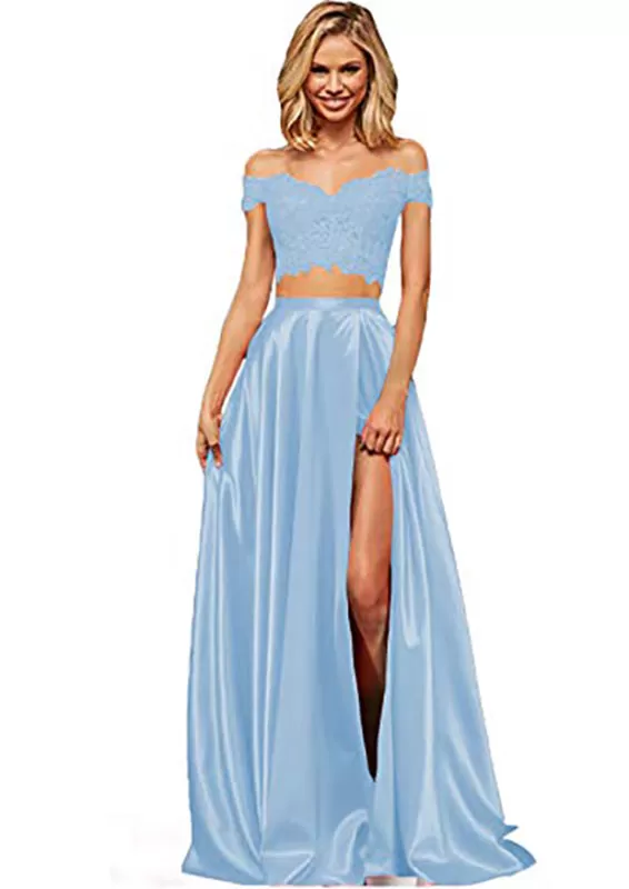 Off-the-Shoulder Two Piece Prom Dress With Slit Appliques