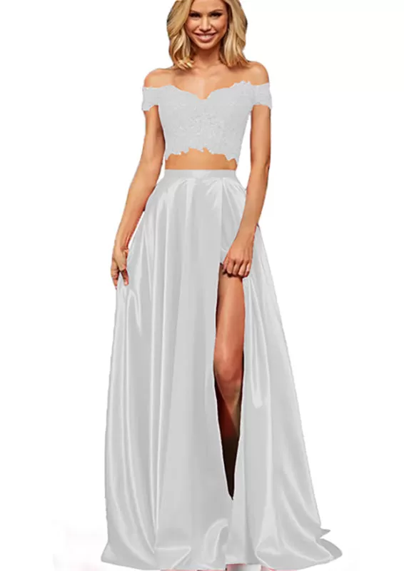 Off-the-Shoulder Two Piece Prom Dress With Slit Appliques