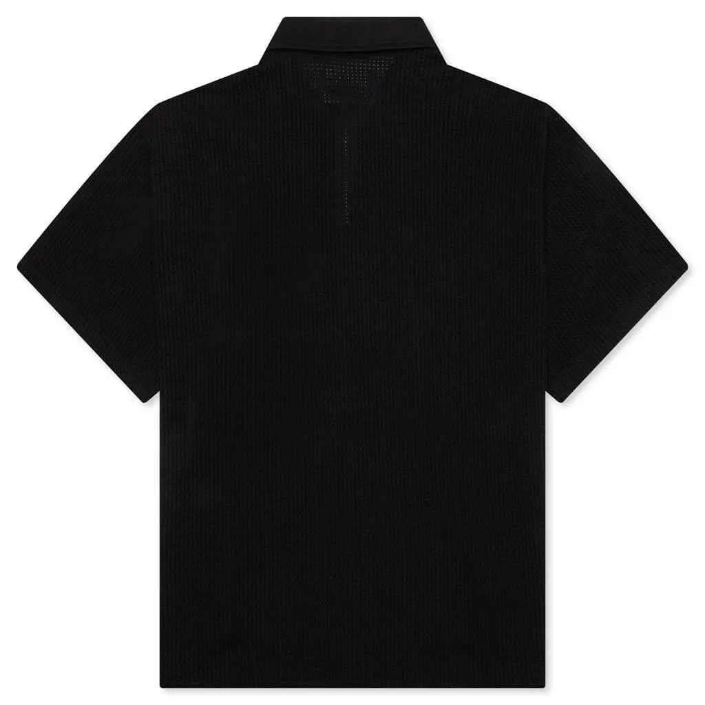 Open Knit Embroidered Polo - Black