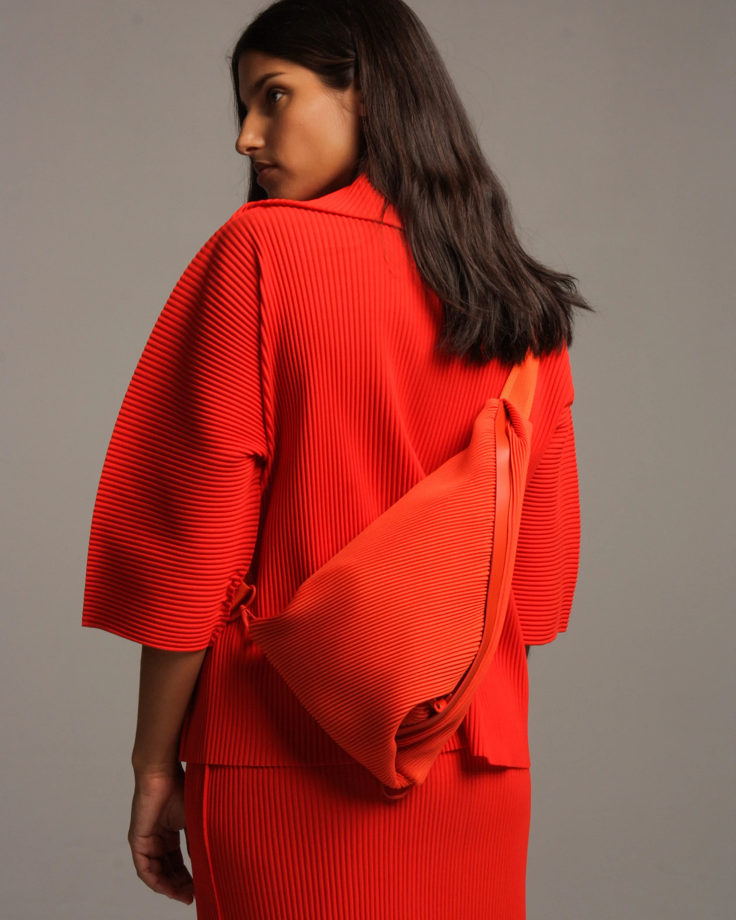 Orange Bias Pleats Crossbody Bag