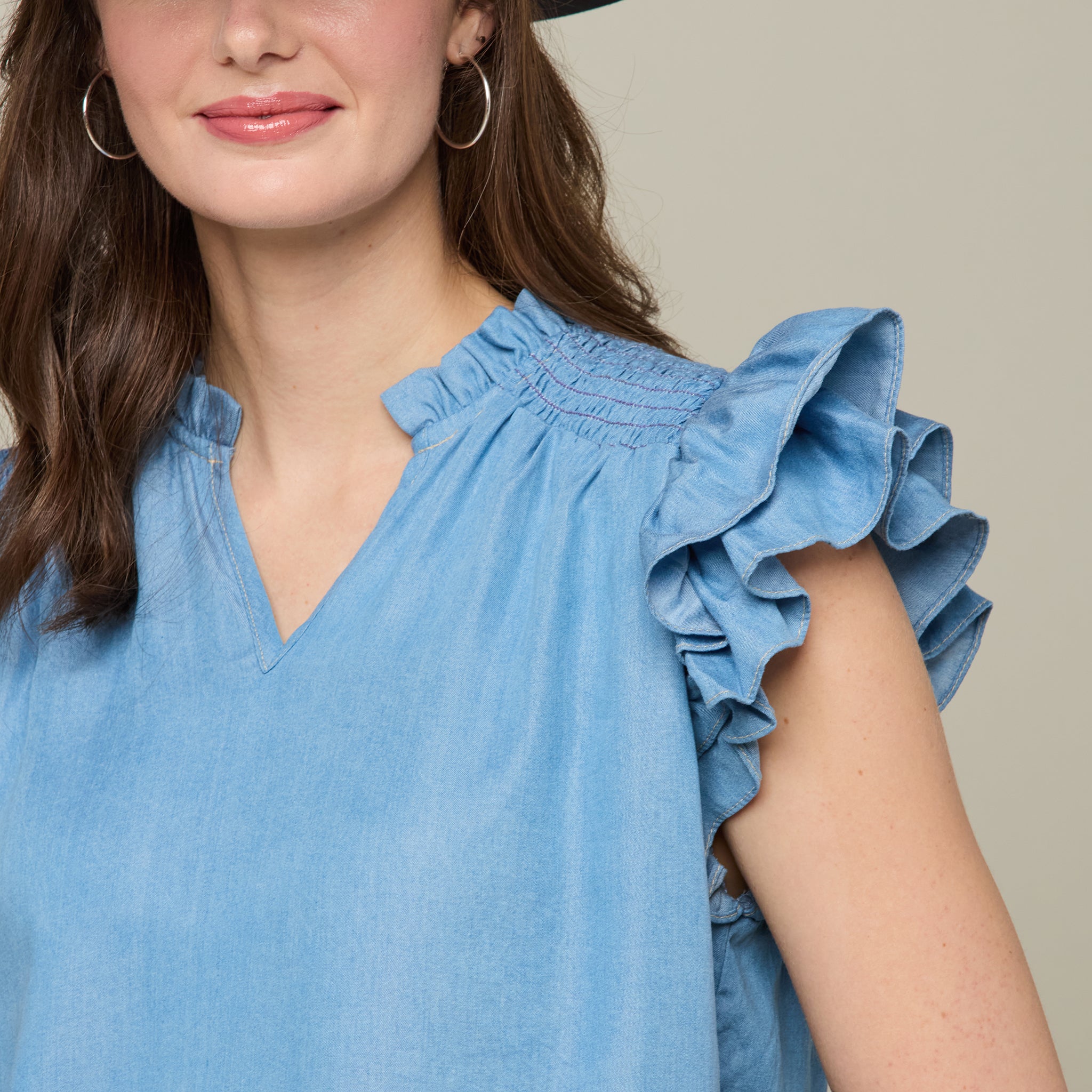 Phoebe Ruffle Sleeve Top :: Chambray