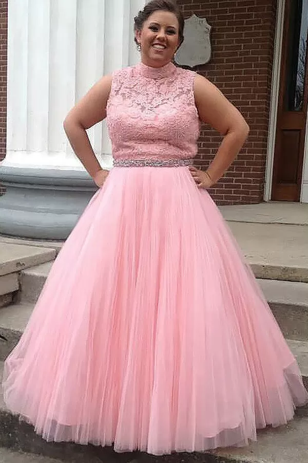 Pink A Line Floor Length Sleeveless High Neck Tulle Appliques Plus Size Prom Dresses