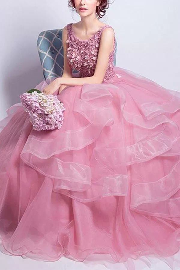 Pink Ball Gown Floor Length Scoop Neck Sleeveless Appliques Ruffles Long Prom Dresses