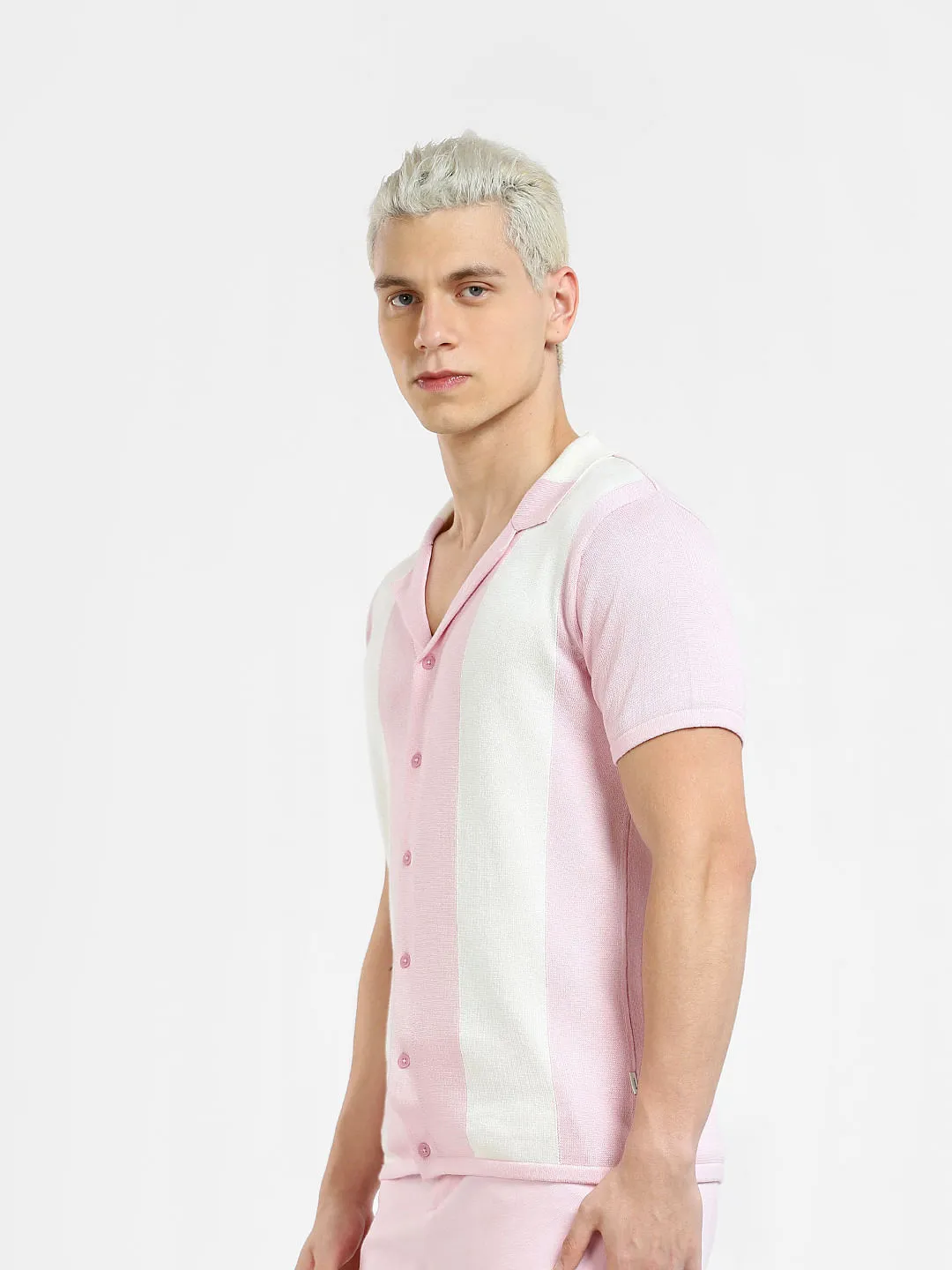 Pink Striped Knit Polo T-shirt