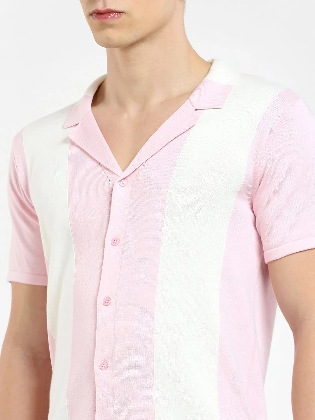 Pink Striped Knit Polo T-shirt