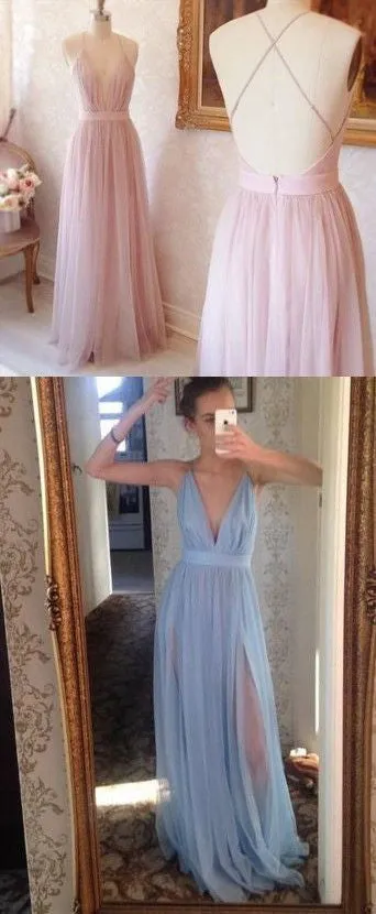 Plunge V neck Long Pink Tulle Prom Dress with Slit