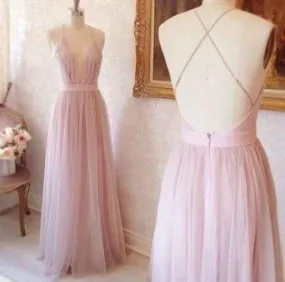 Plunge V neck Long Pink Tulle Prom Dress with Slit