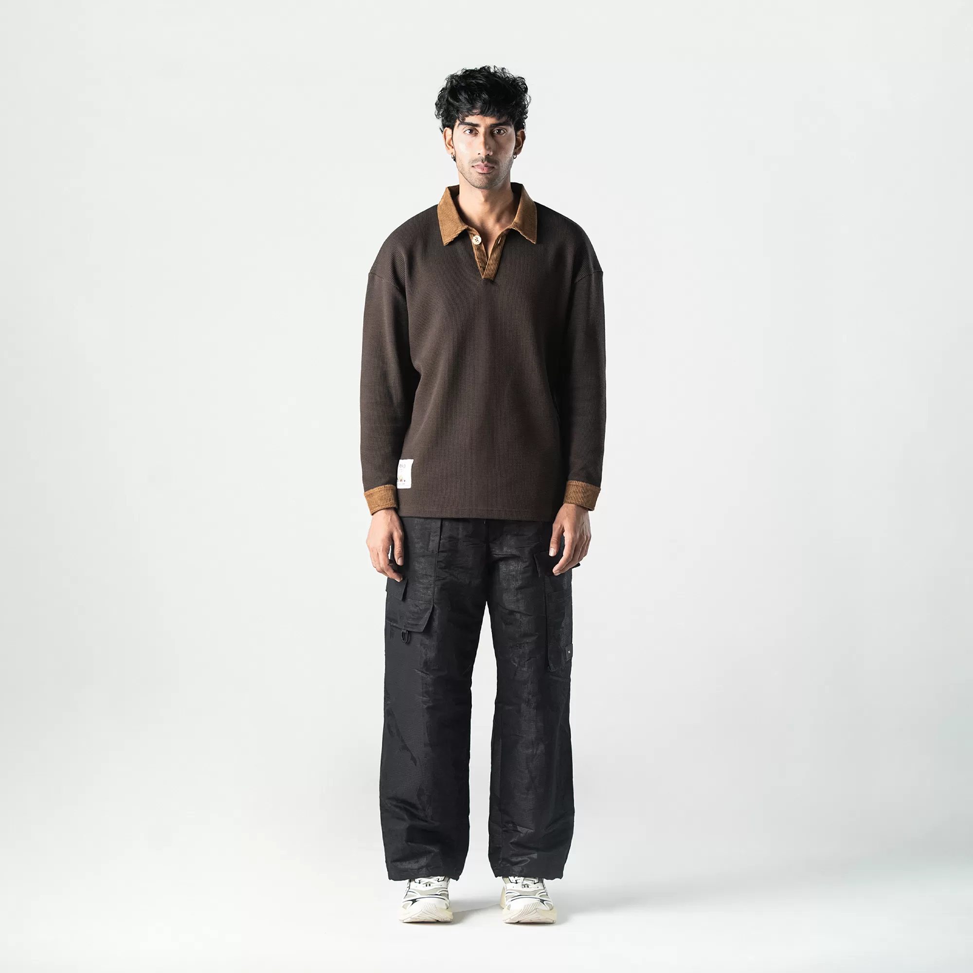 POLO: WAFFLE KNIT WITH CORDUROY DETAILS 'BROWN'