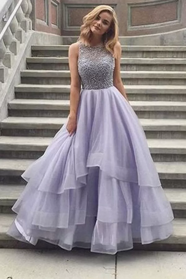 Princess A Line Layers Tulle Appliques Beading Evening Dresses