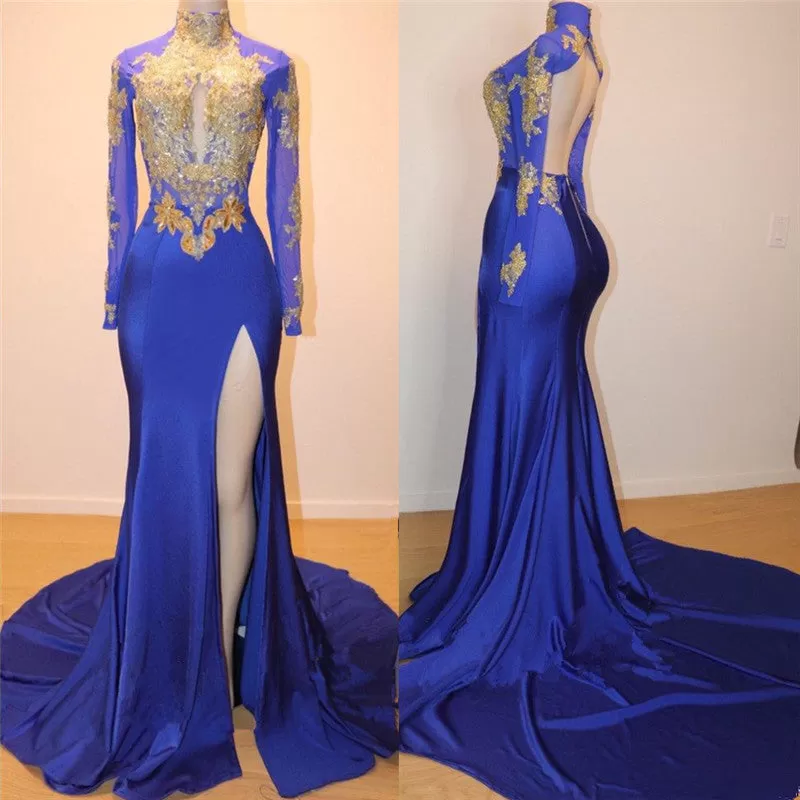 Royal Blue Prom Dress with Long Sleeves and Slit