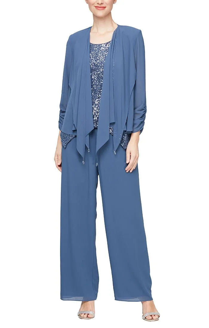 *Sequin and Chiffon Pantsuit with Straight Leg Pant, Pointed Hem Scoop Neck Tank and Pointed Overlay Jacket