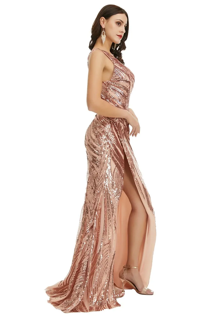 Sexy Rose Gold One Shoulder Maxi Formal Prom Dress with Side Slit EN5012