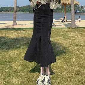 Sexy Vintage Splited Fork Hip-wrap Long Denim Trumpet Summer Elegant Korean High Waist Stretch Mermaid Skirt