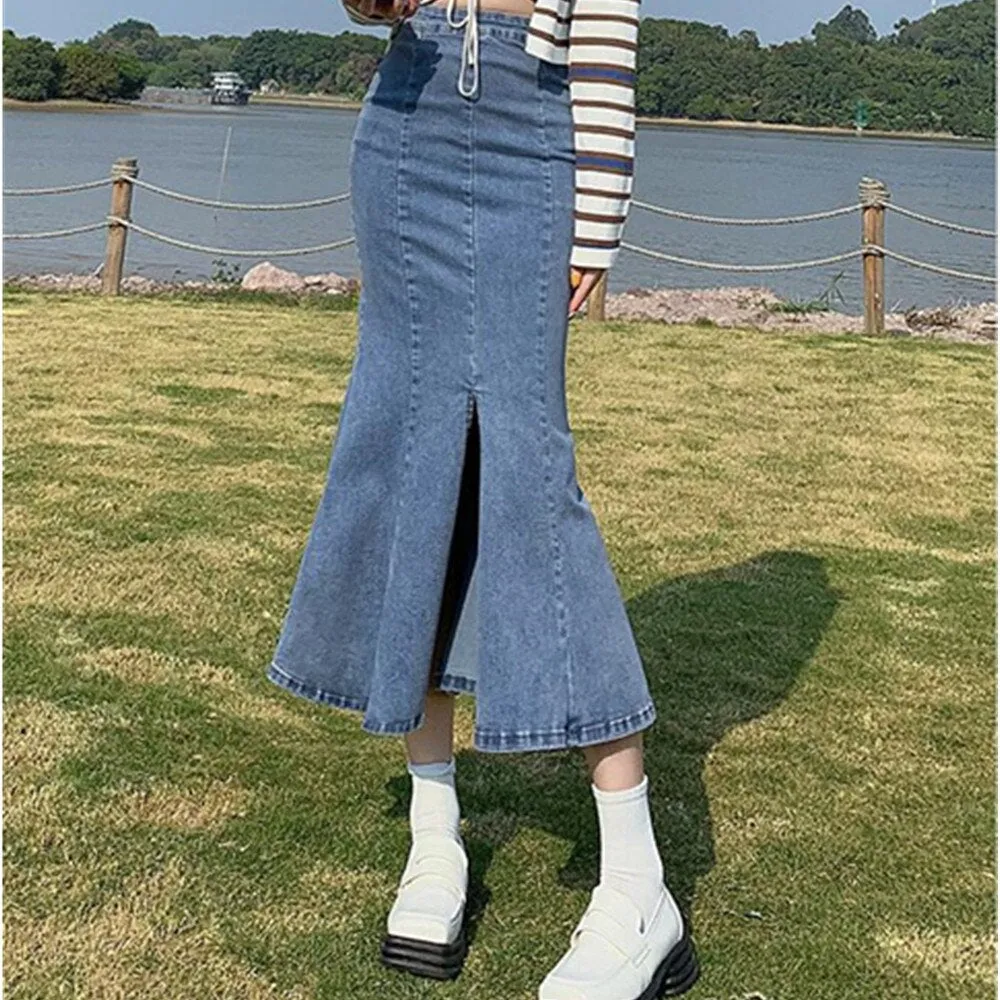 Sexy Vintage Splited Fork Hip-wrap Long Denim Trumpet Summer Elegant Korean High Waist Stretch Mermaid Skirt