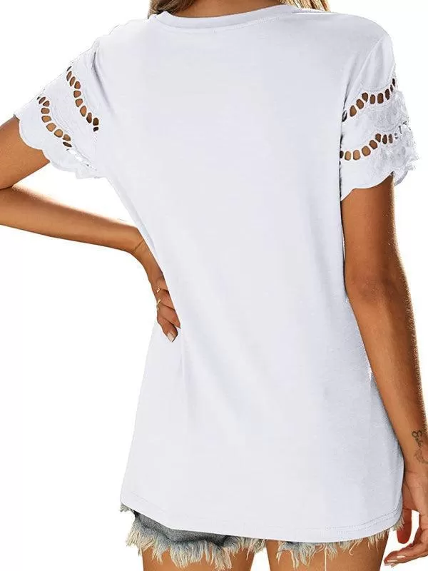 Short Sleeve Solid Lace Knit Women Top