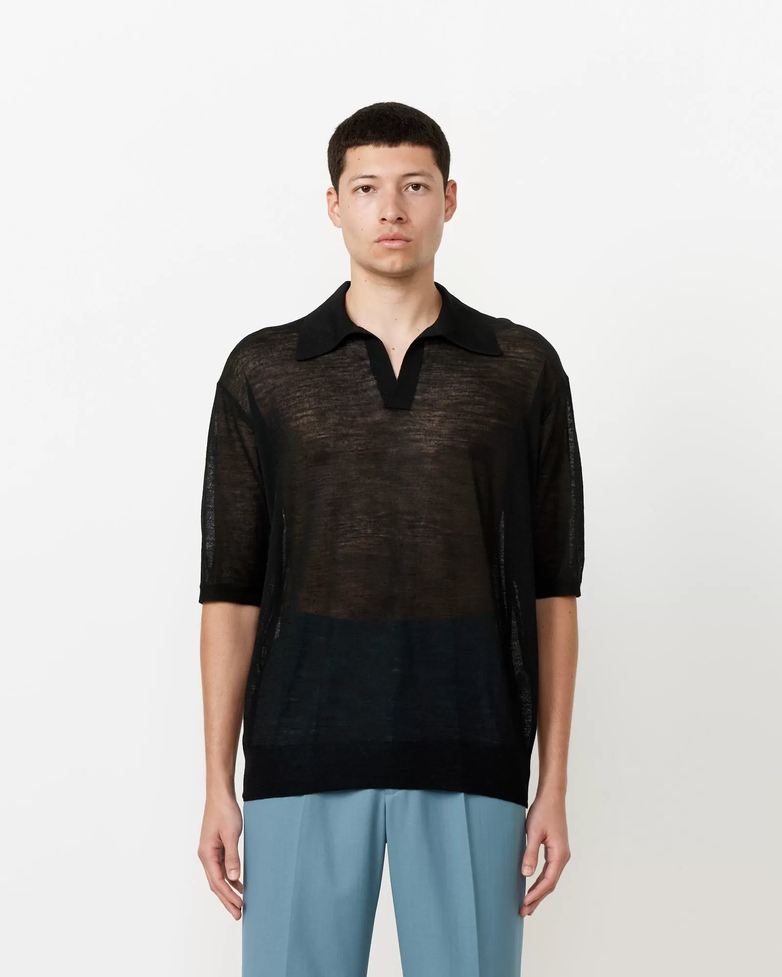 Silk Knit Skipper Polo in Black