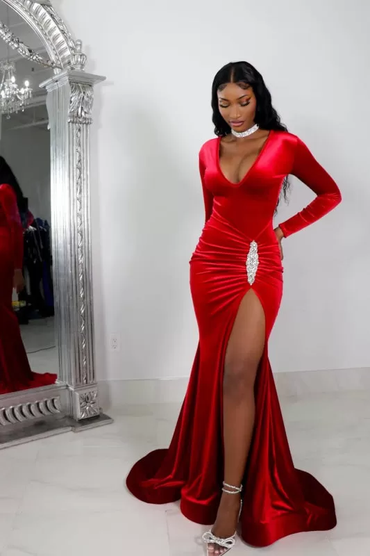 Simple Long Sleeve Red Prom Dress with High Slit and Pleated