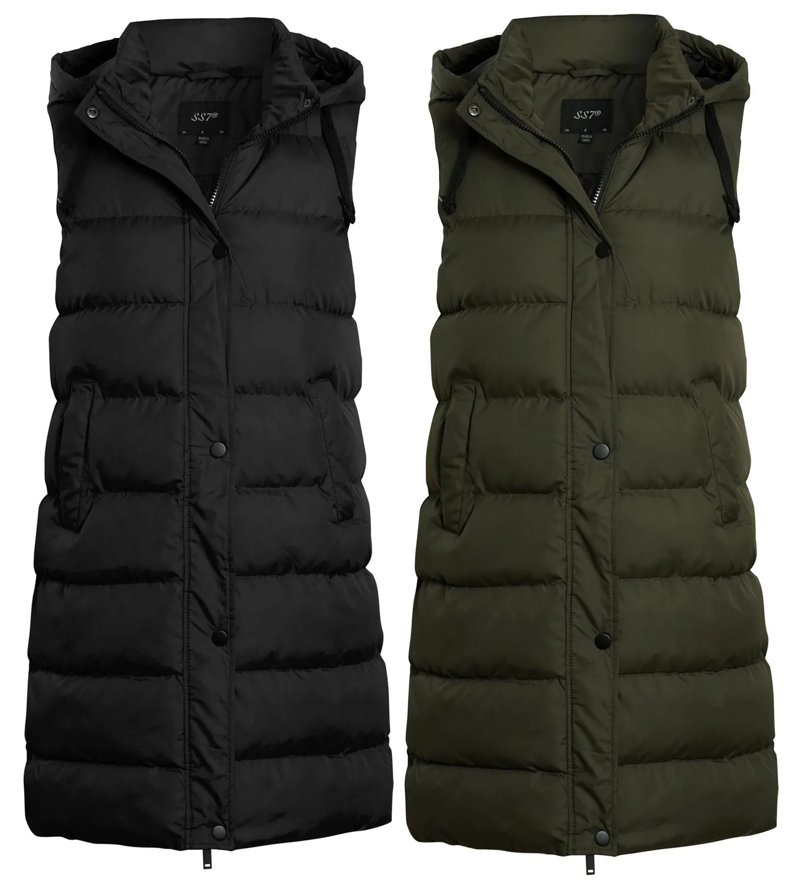 Sleeveless Mid Length Padded Gilet, Black, Khaki, Uk Sizes 8 to 16