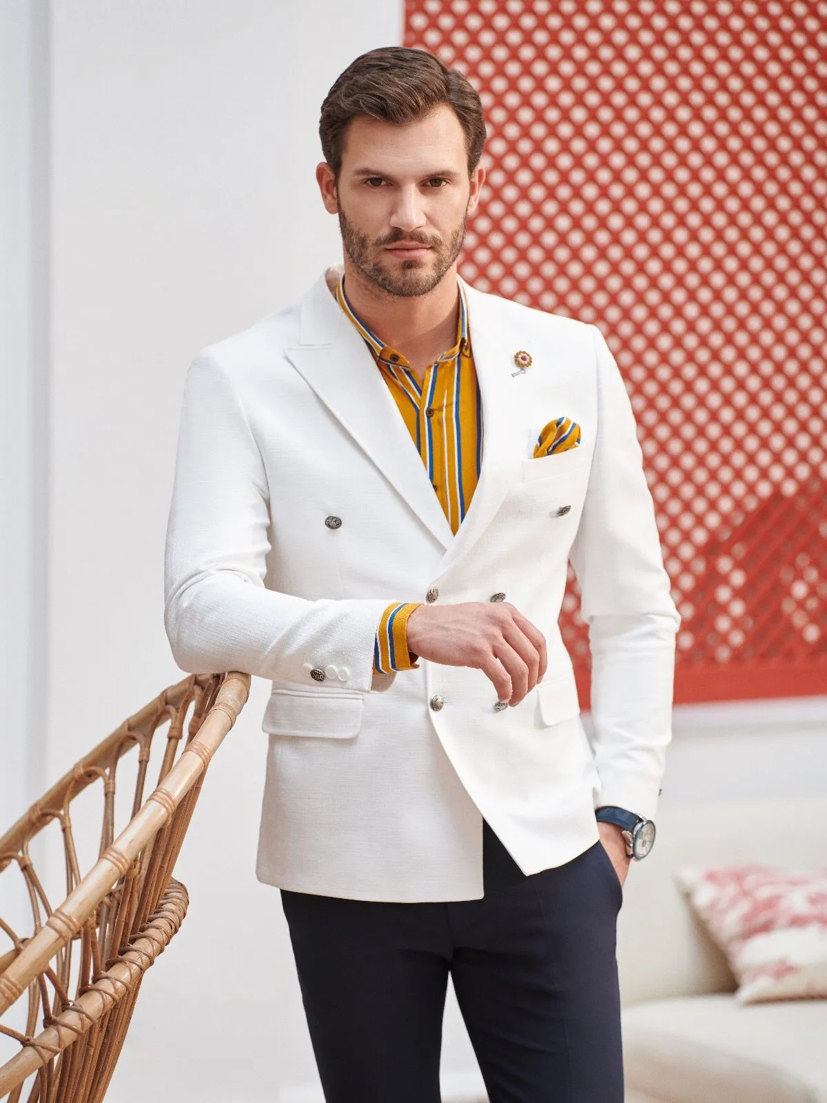 Slim-Fit Double Breasted Blazer White