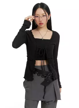 Solid Frill Open Front Knotted Cardigan CM421