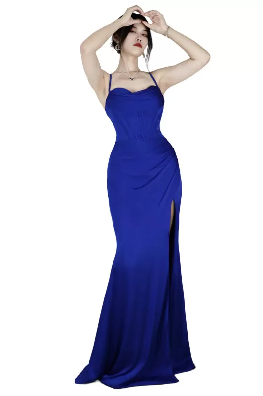 Spaghetti Strap Long Royal Blue Prom Dress With Slit