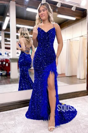 Spaghetti Straps Side Slit Feather Sparkly Prom Dress QP3019