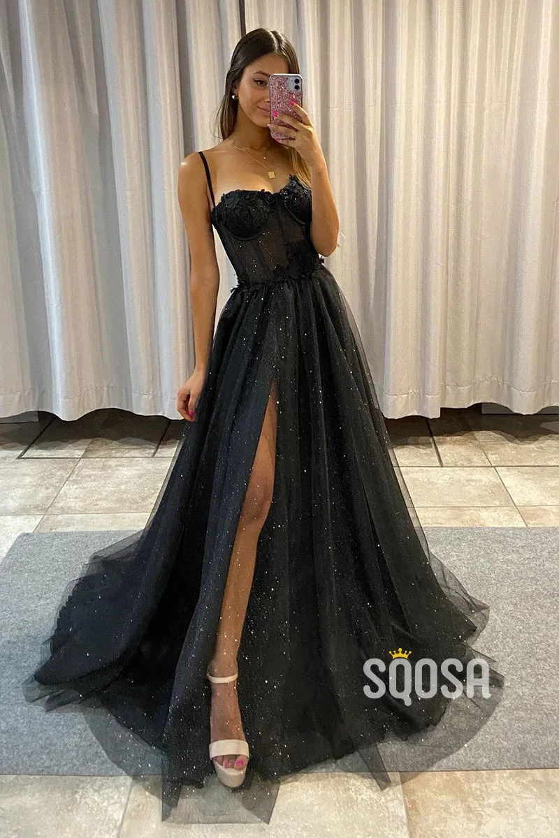 Spaghetti Straps Tulle Appliques Long Prom Dress with Slit QP3047