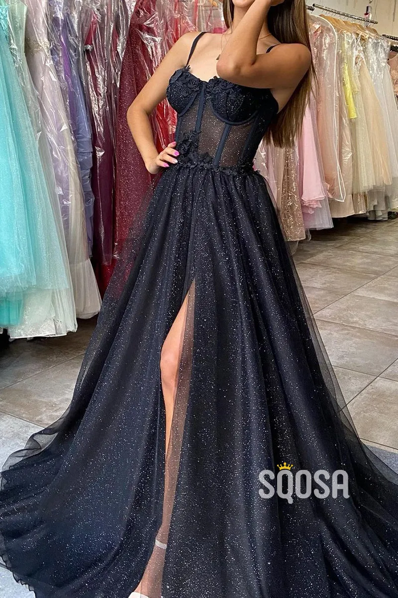 Spaghetti Straps Tulle Appliques Long Prom Dress with Slit QP3047