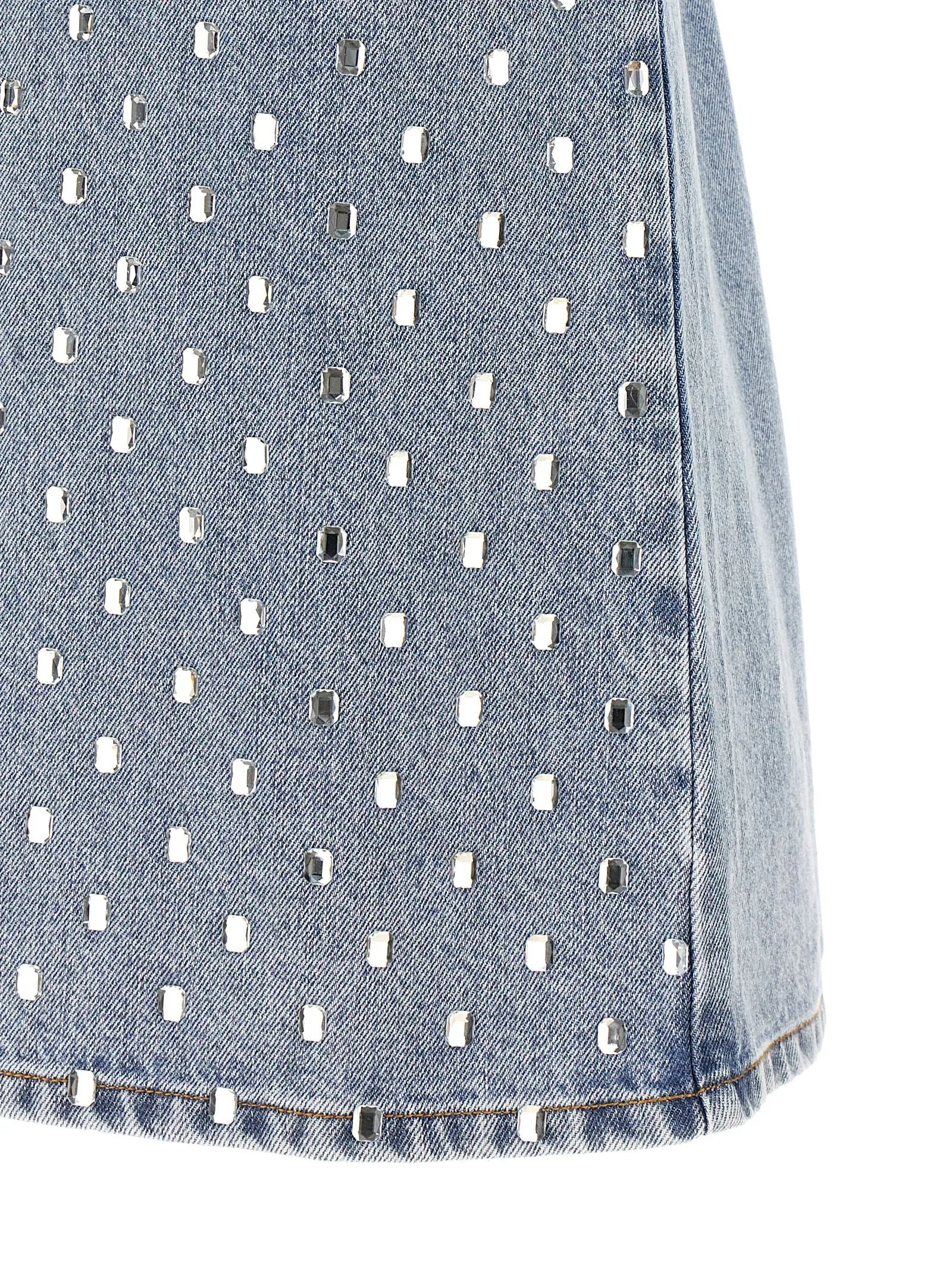 Square Rhinestone Denim Mini Dresses Light Blue