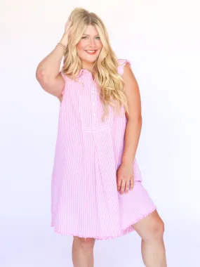 Stripe Collared Mid Button Sleeveless Dress in Pink