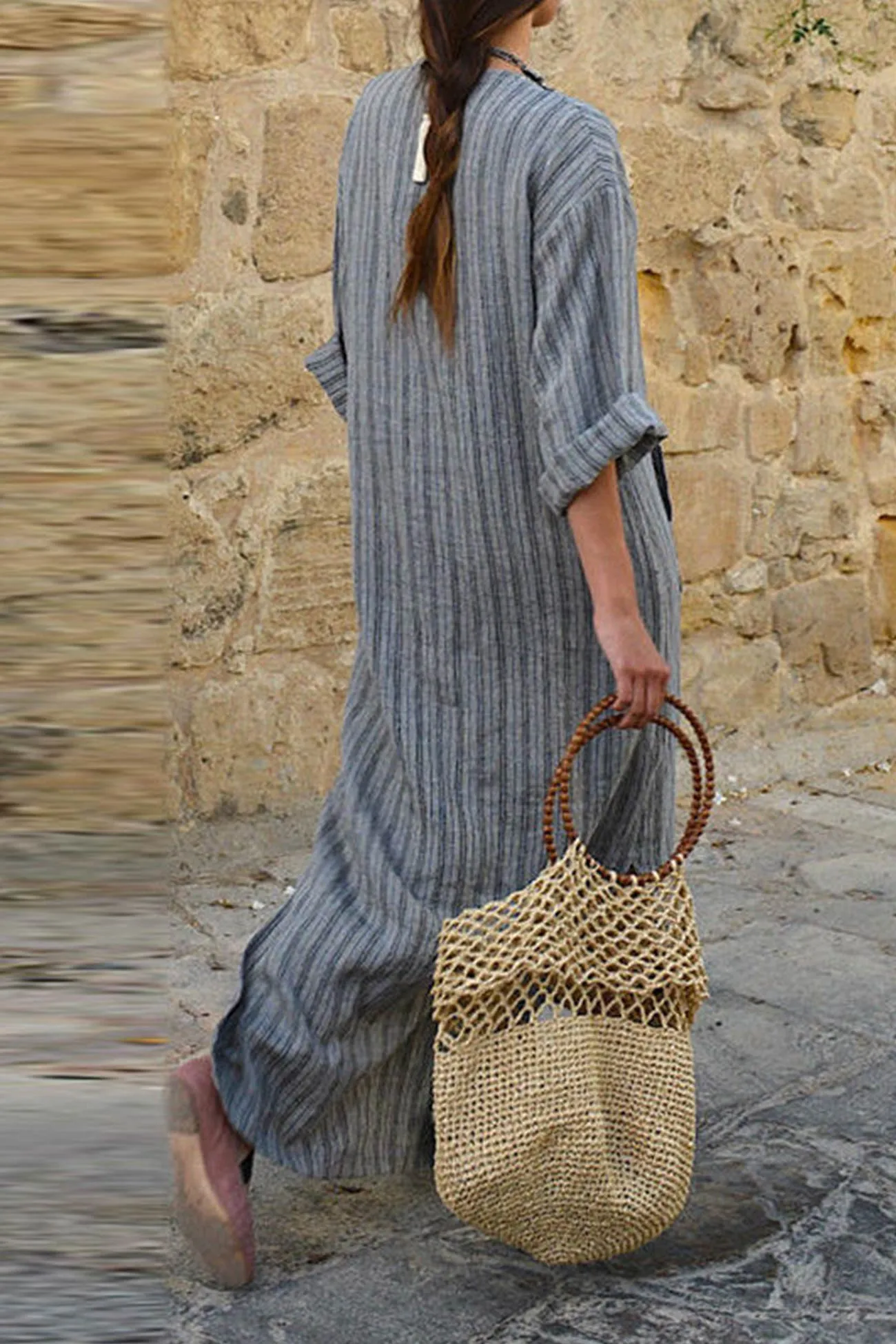 Striped Front Pocket Cotton Linen Dress