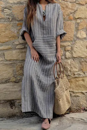 Striped Front Pocket Cotton Linen Dress