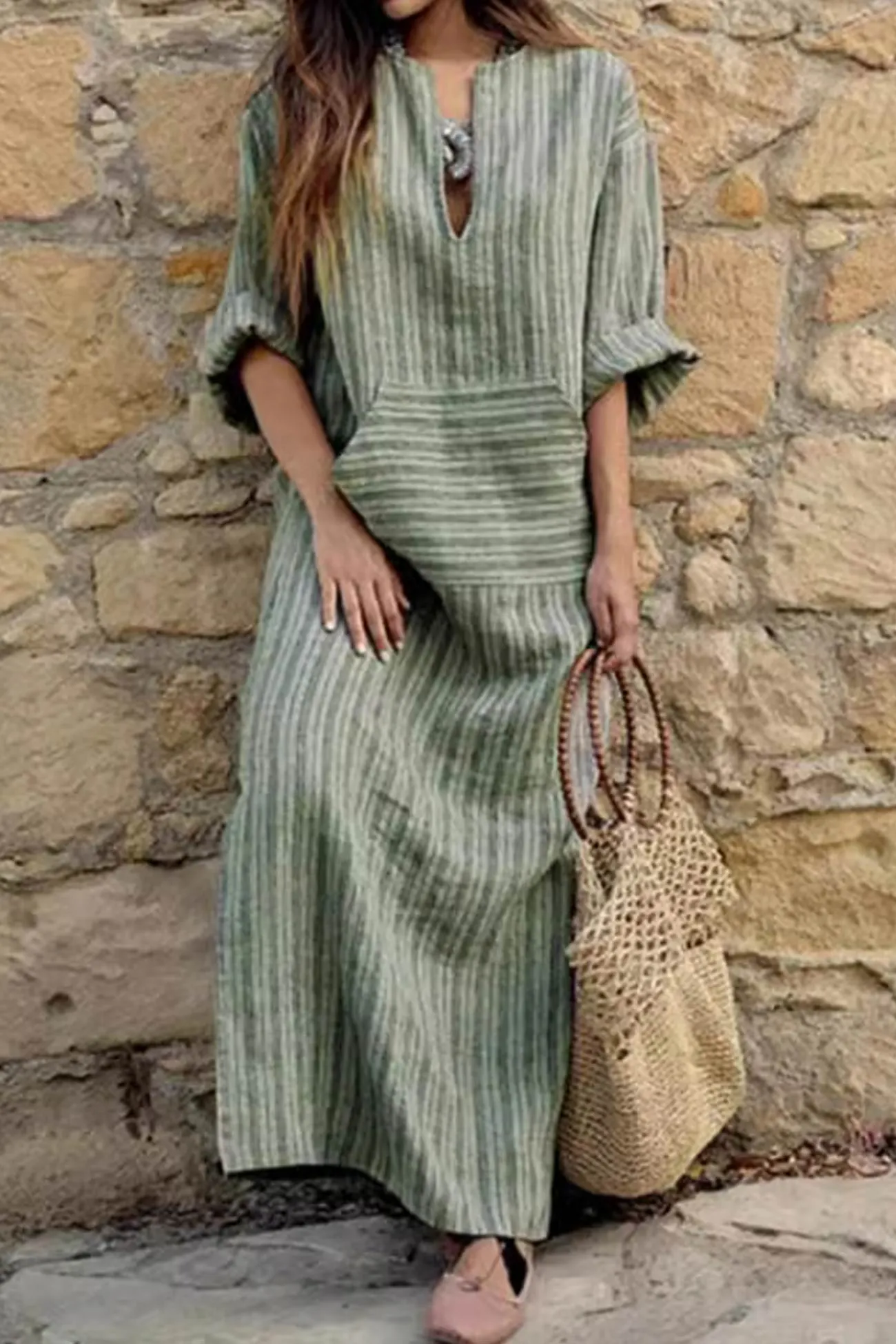 Striped Front Pocket Cotton Linen Dress