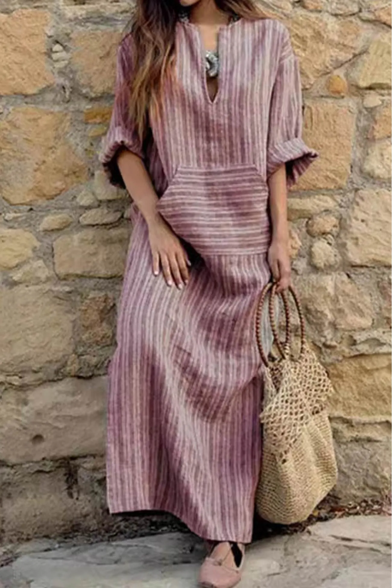 Striped Front Pocket Cotton Linen Dress