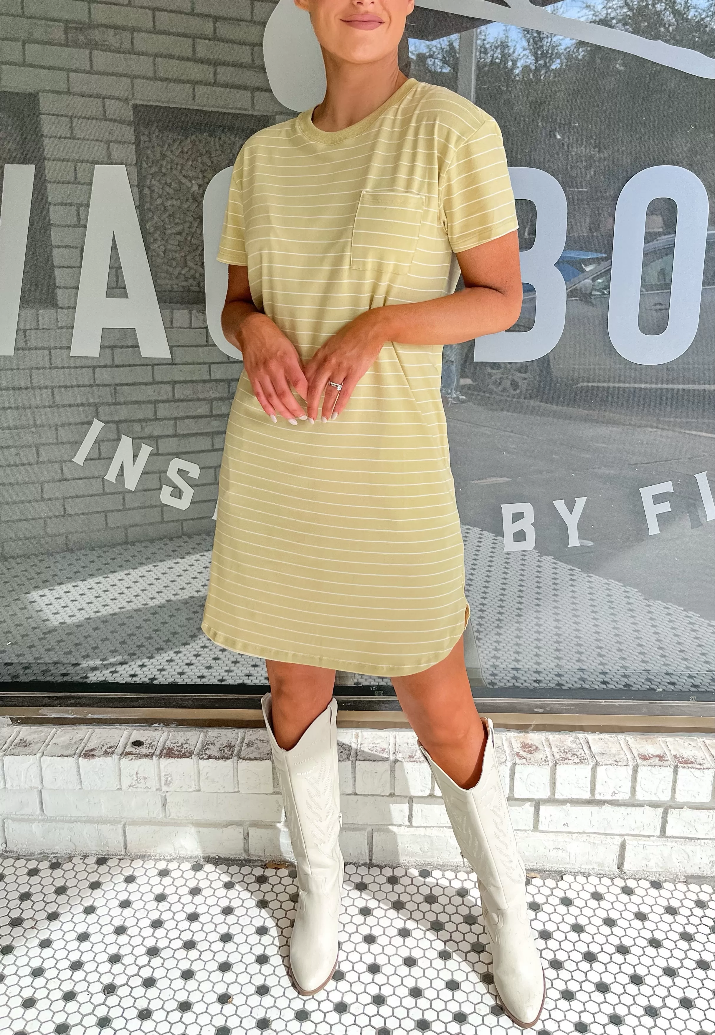 STRIPED MINI DRESS WITH POCKETS - HONEY