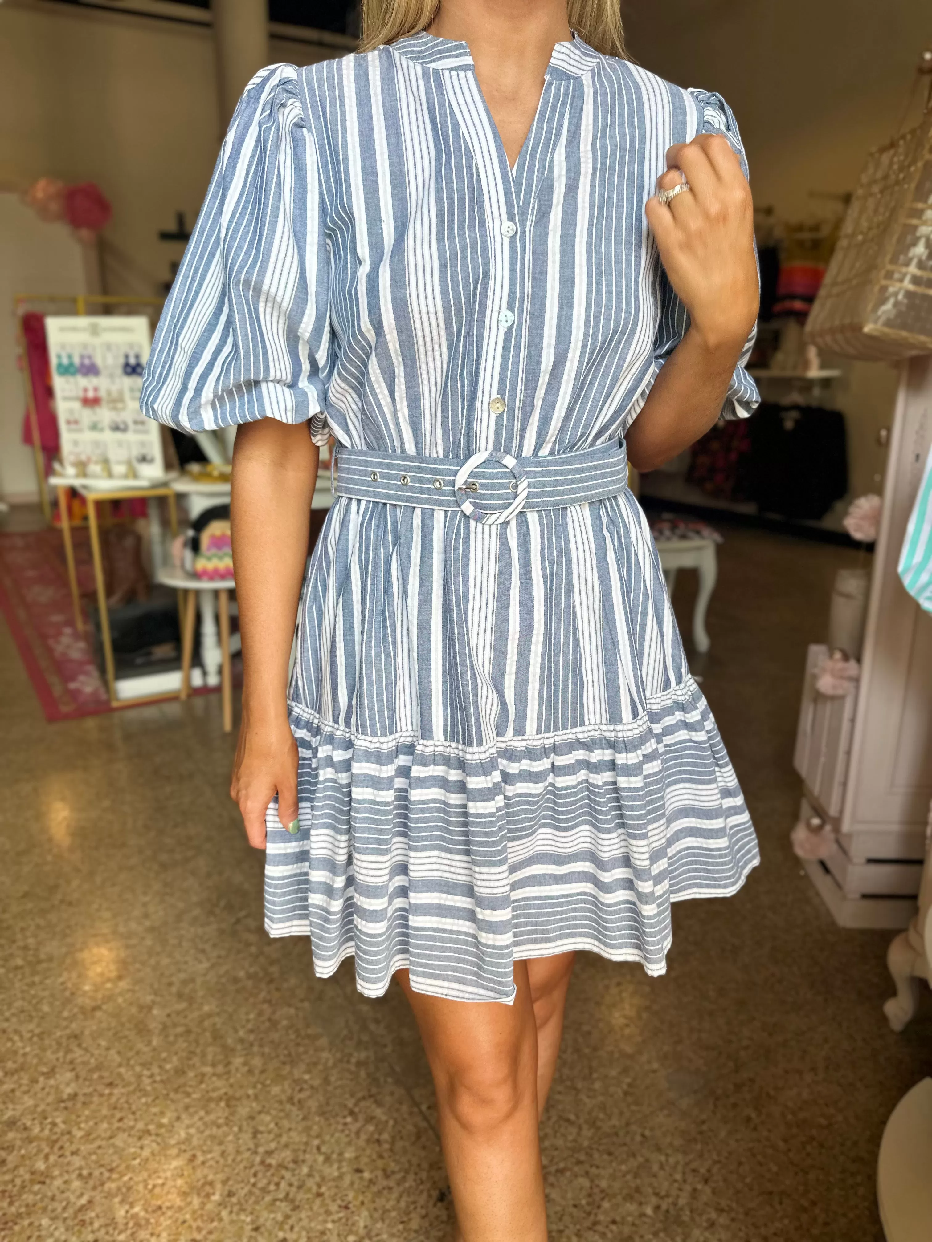 Striped Seersucker Mini Dress - Navy