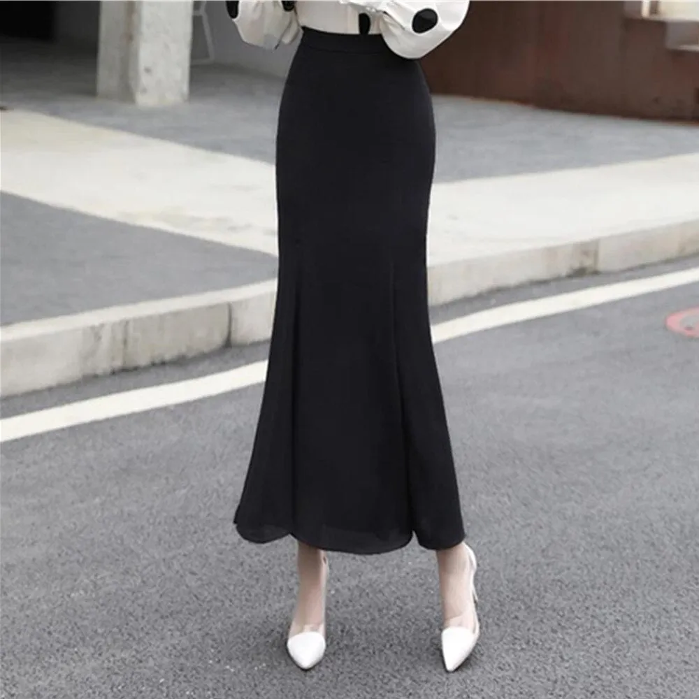 Summer Trumpet Long High Waist Chiffon Black Ladies Bodycon Slim Fit Mermaid Tail Faldas Largas Skirt