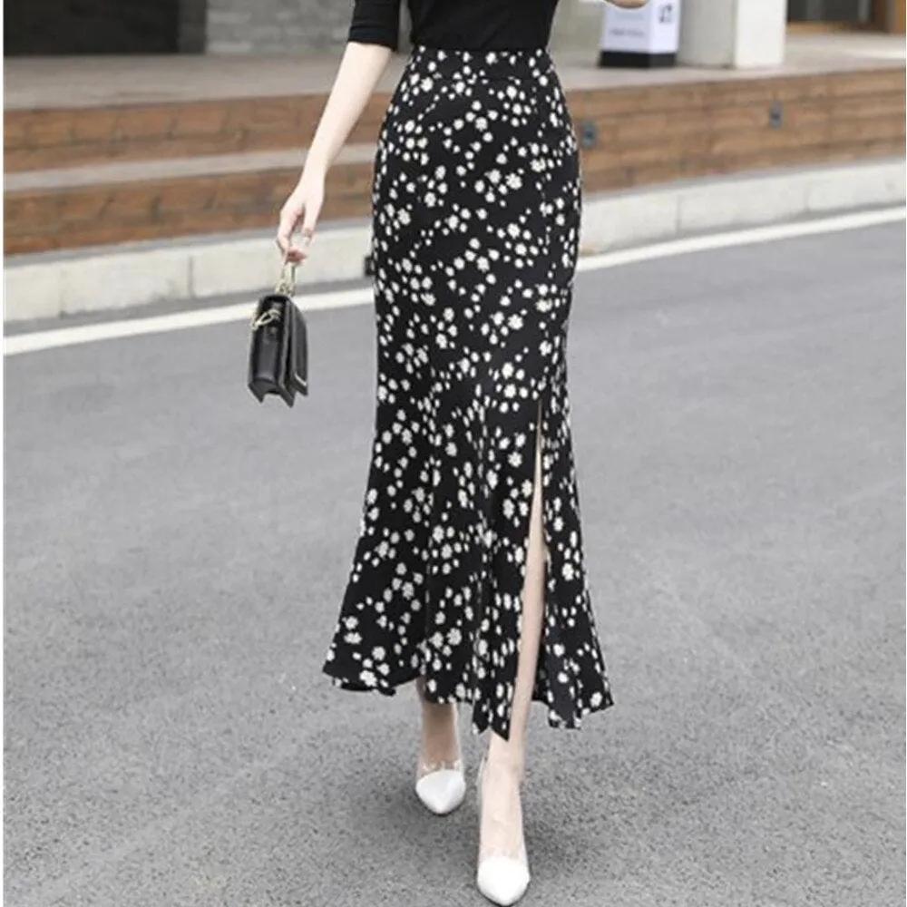 Summer Trumpet Long High Waist Chiffon Black Ladies Bodycon Slim Fit Mermaid Tail Faldas Largas Skirt