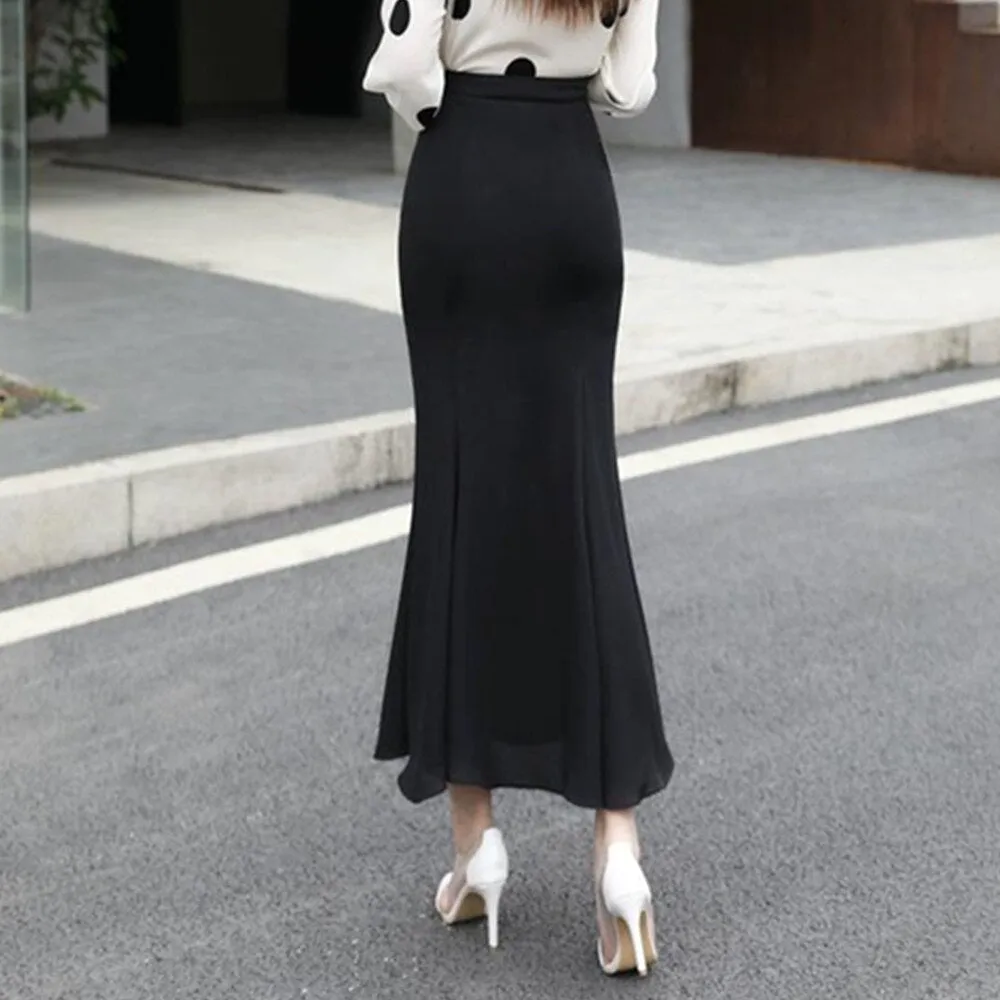 Summer Trumpet Long High Waist Chiffon Black Ladies Bodycon Slim Fit Mermaid Tail Faldas Largas Skirt