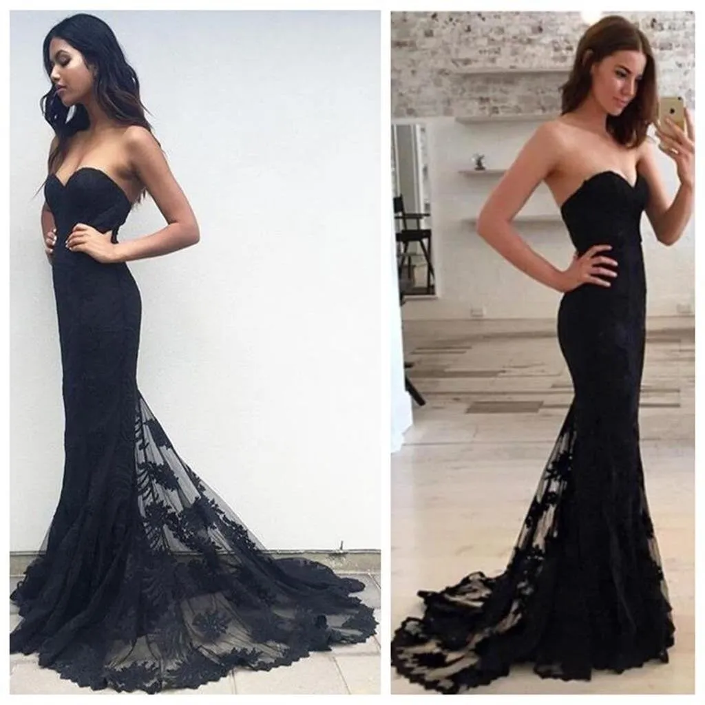 Sweetheart Black Mermaid Lace Prom Dress with Sweep Train