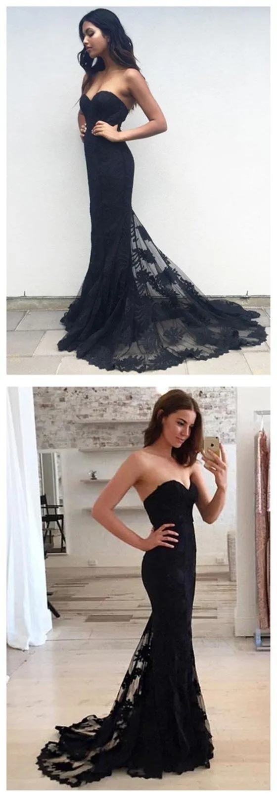 Sweetheart Black Mermaid Lace Prom Dress with Sweep Train