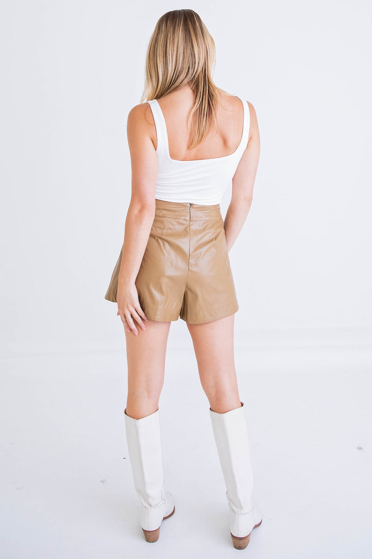 Tan Faux Leather Camp Shorts