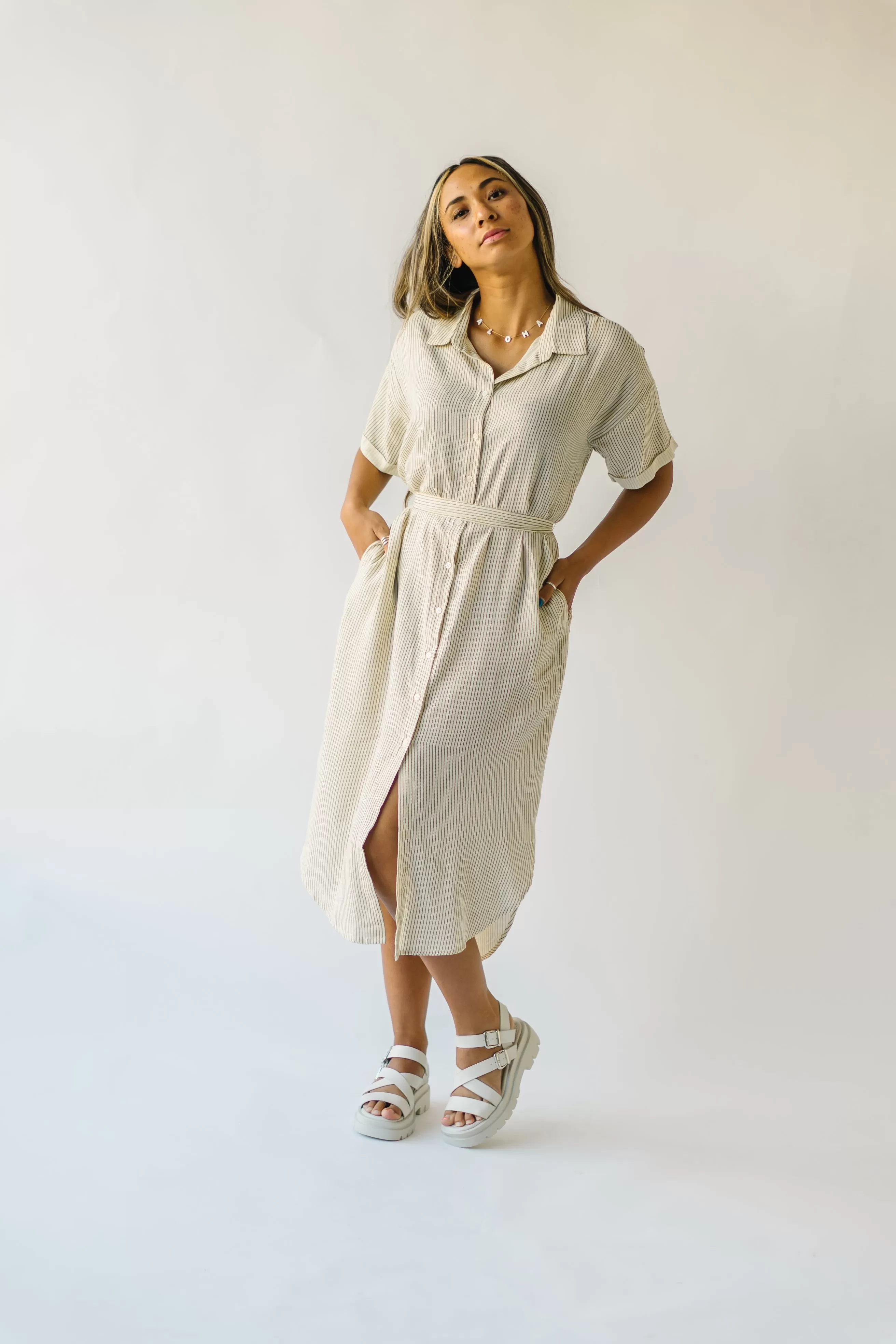 The Harburn Striped Button-Down Dress in Ivory + Black