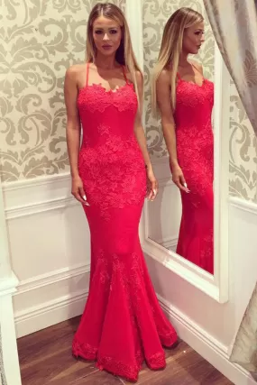 Trumpet Floor Length Spaghetti Sleeveless Backless Appliques Long Prom Dresses