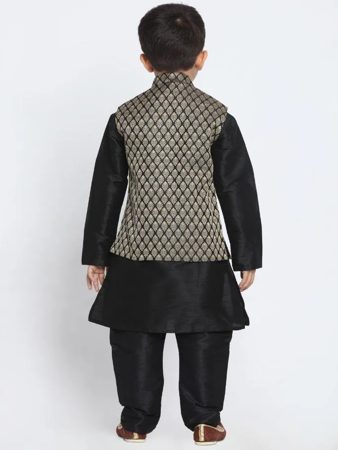 Vastramay Boys' Black Cotton Silk Blend Kurta, Waistcoat and Pyjama Set