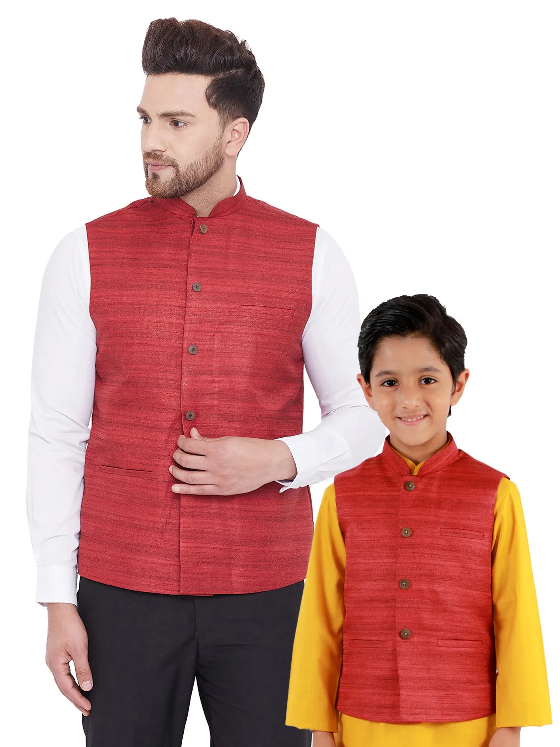 Vastramay Maroon Baap Beta Ethnic Jacket Set