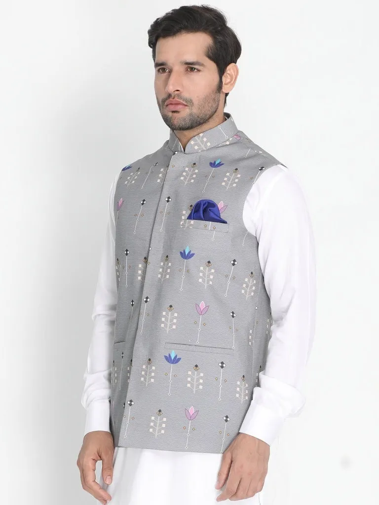 VASTRAMAY Men's Grey Silk Blend Ethnic Jacket