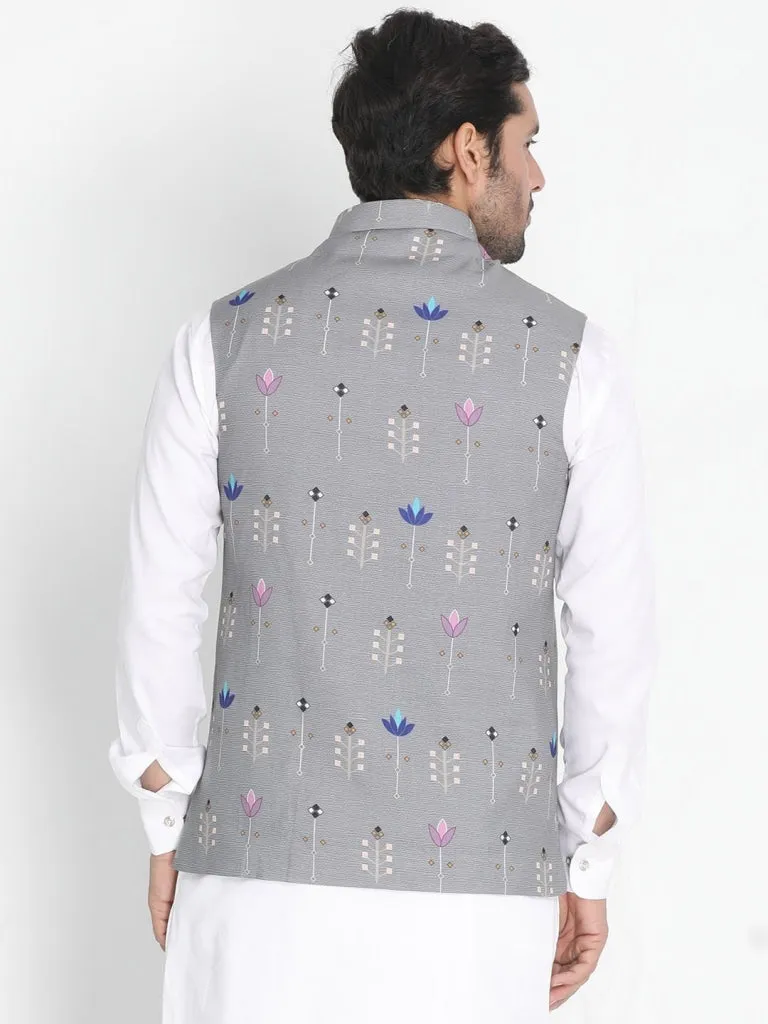 VASTRAMAY Men's Grey Silk Blend Ethnic Jacket